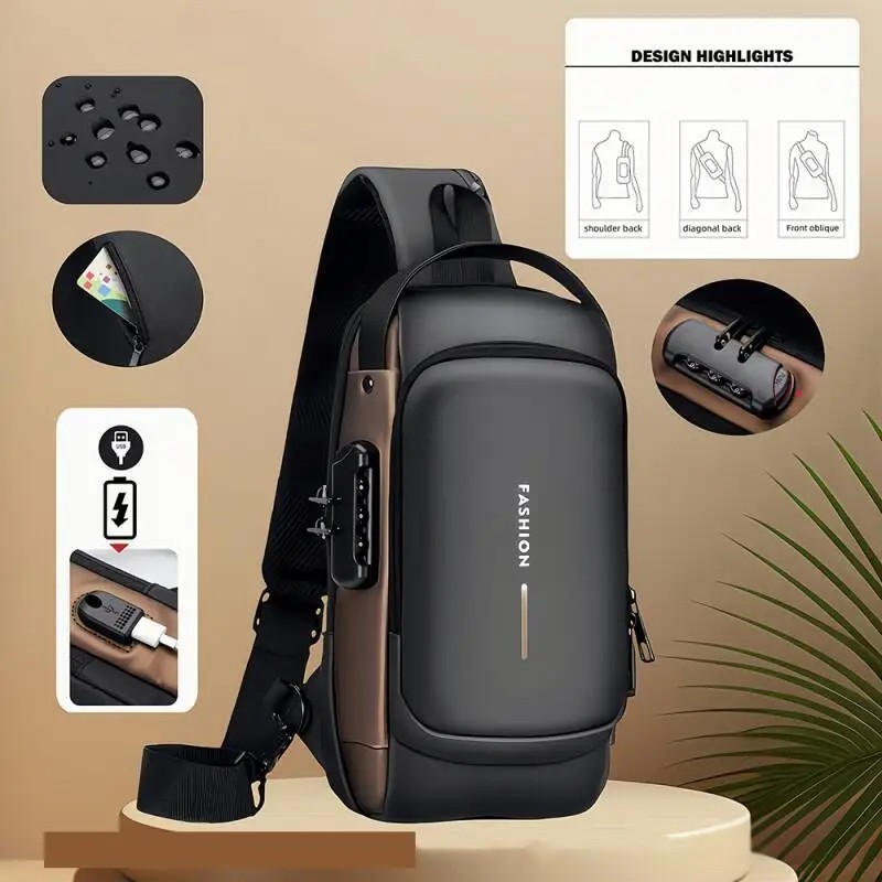 Men Anti Theft Chest Bag USB Charging Crossbody Sling Shoulder Travel Pack