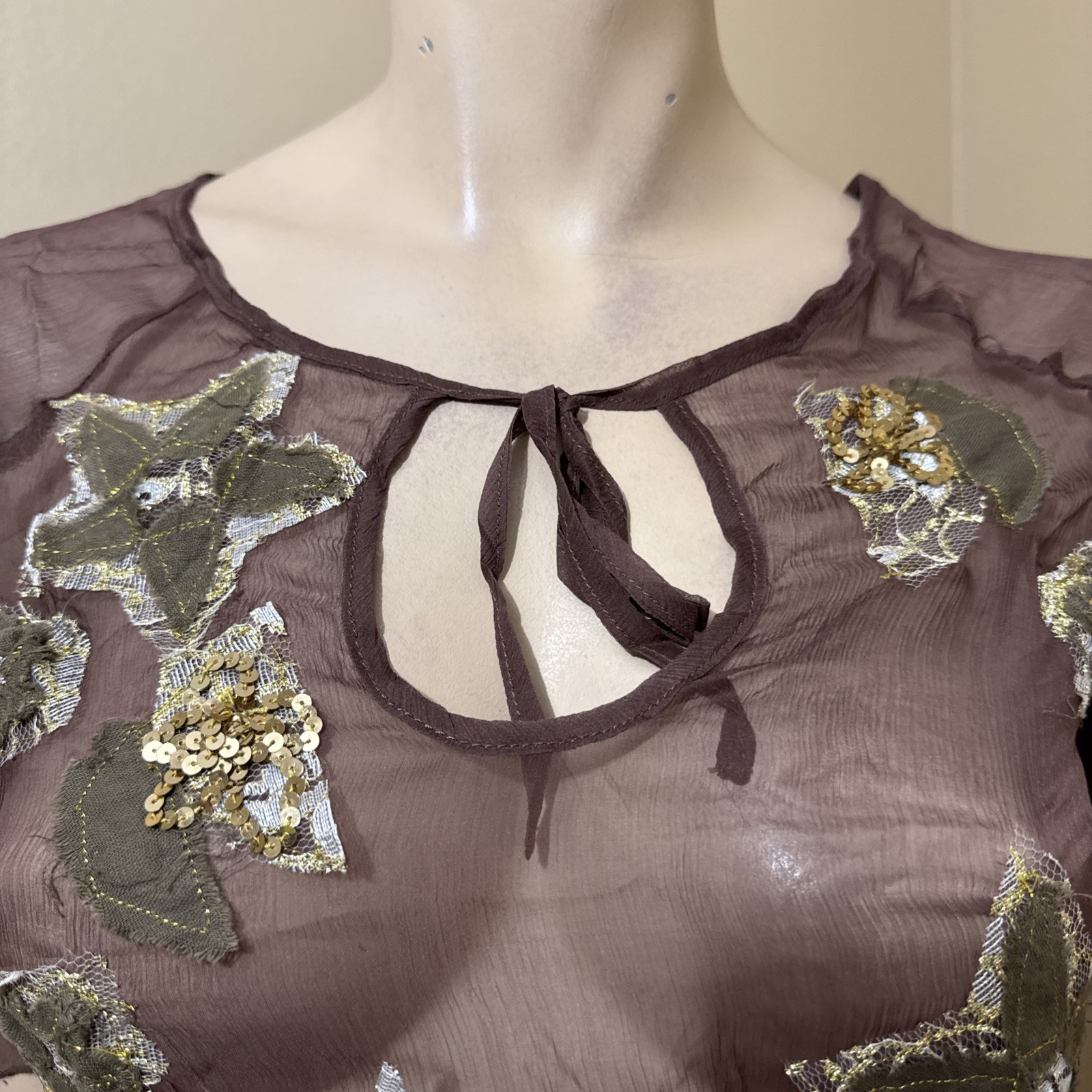Women’s Brown Silk Casual Summer Sheer Beaded Embroidered Lace Size S Blouse Top