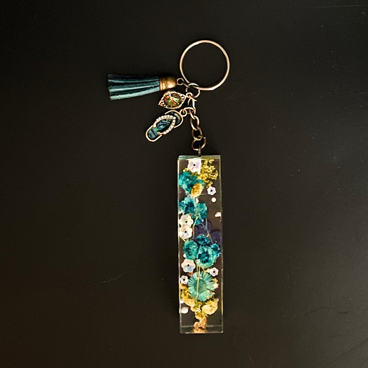 Handmade Floral Resin Keychain with Tassel and Charms