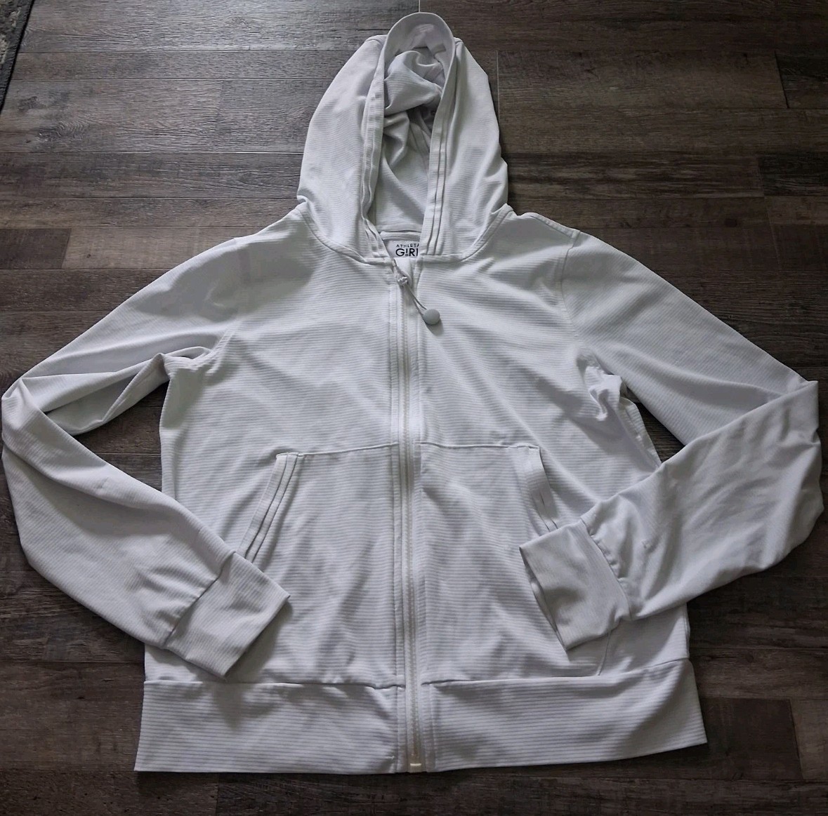 Athleta Girl Sunny Days Jacket Size XL/14 White Hooded Full Zip Activewear Logo