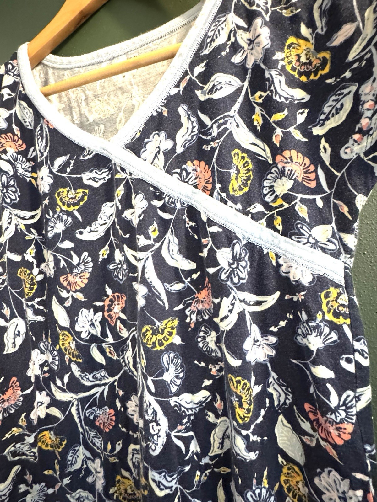 Garnet Hill Organic Cotton Floral Nightgown M Navy Faux Wrap Cap Sleeve