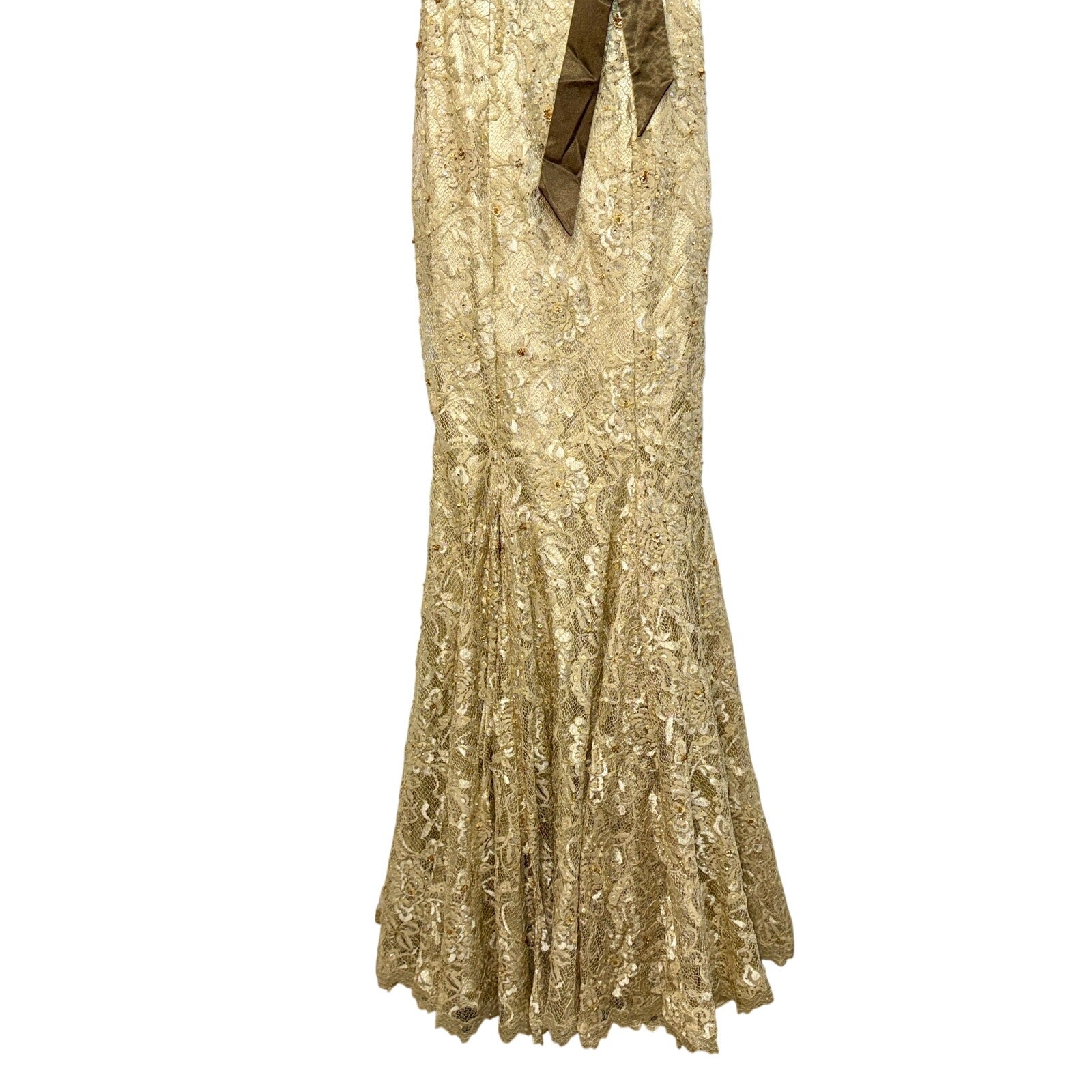 NWT Mandalay Champagne Gold Lace Beaded Sequin Long Mermaid Evening Gown Size 8
