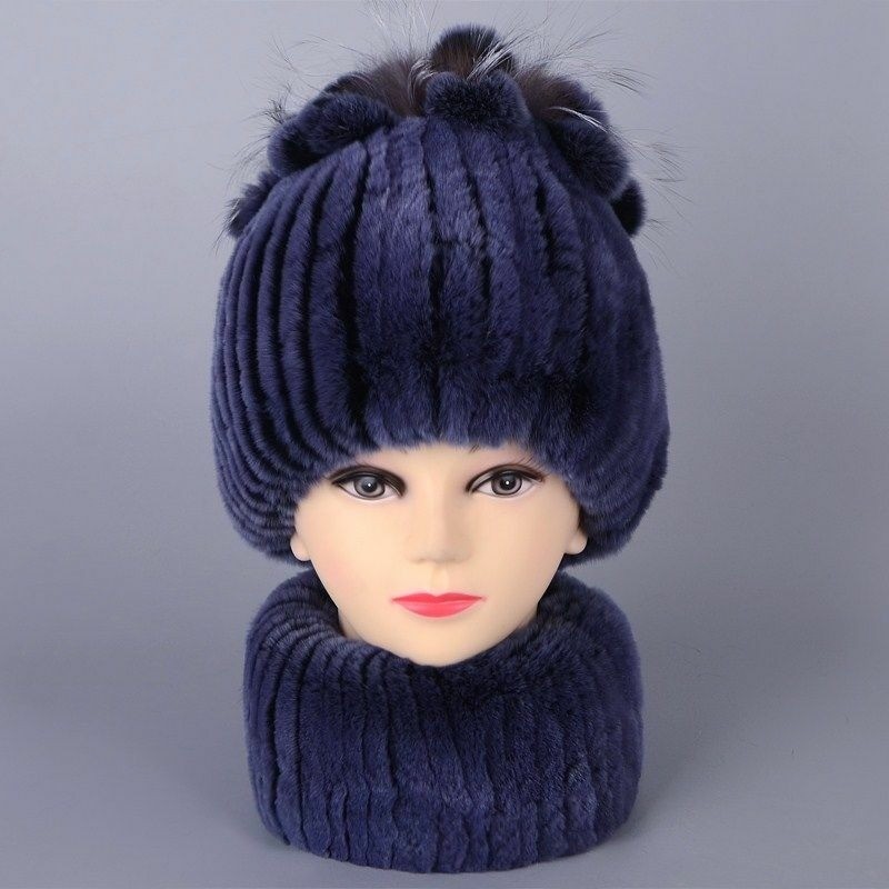Winter Fur Hats Scarf Women Real Rex Rabbit Warm Beanie Cap With Fox Fur Fluffy