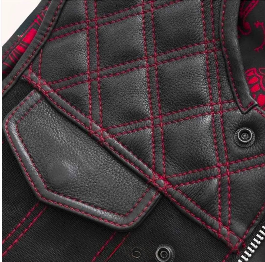 Men’s Black Leather Denim Motorcycle Vest Red Stitch Biker Club Style