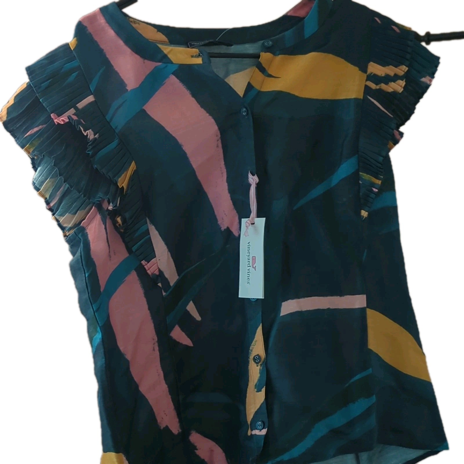 Vineyard Vines Abstract Flutter Sleeve Pintuck Woven Cotton Blouse Blue M