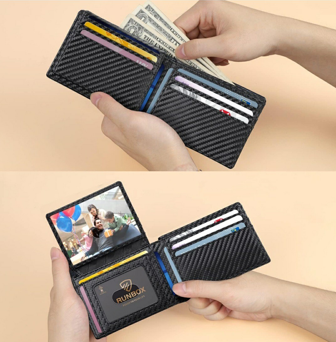 RUNBOX Wallet for Men Slim Rfid Leather 2 ID Window with Gift Box