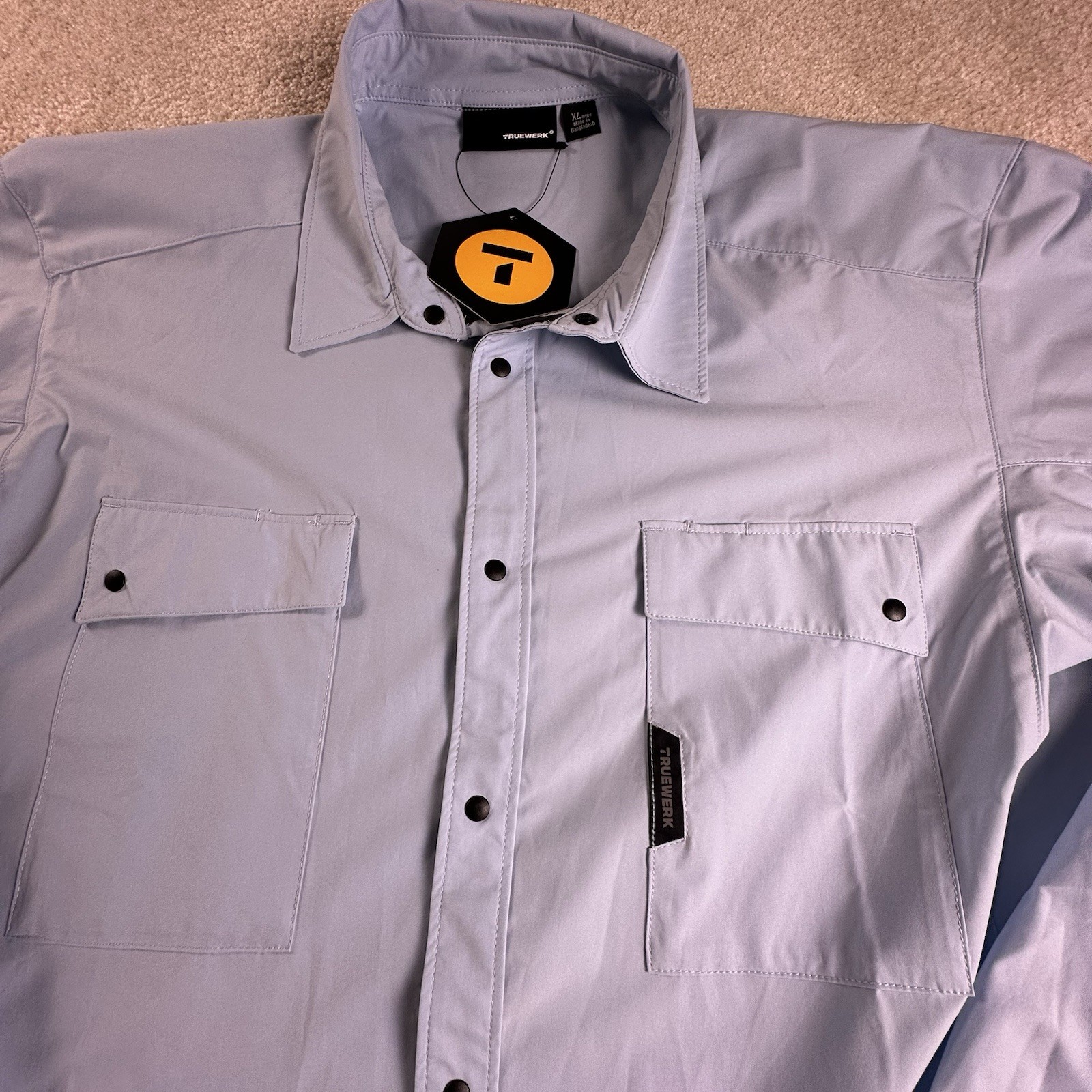 TRUEWERK CLOUD Mens XL Snap Front L/S Workwear Chest Pockets LIGHT BLUE Shirt