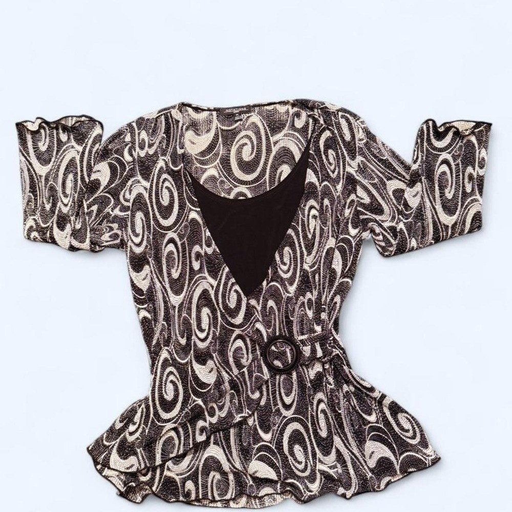 Y2K Notations black & white swirl print wrap top with ruffle hem