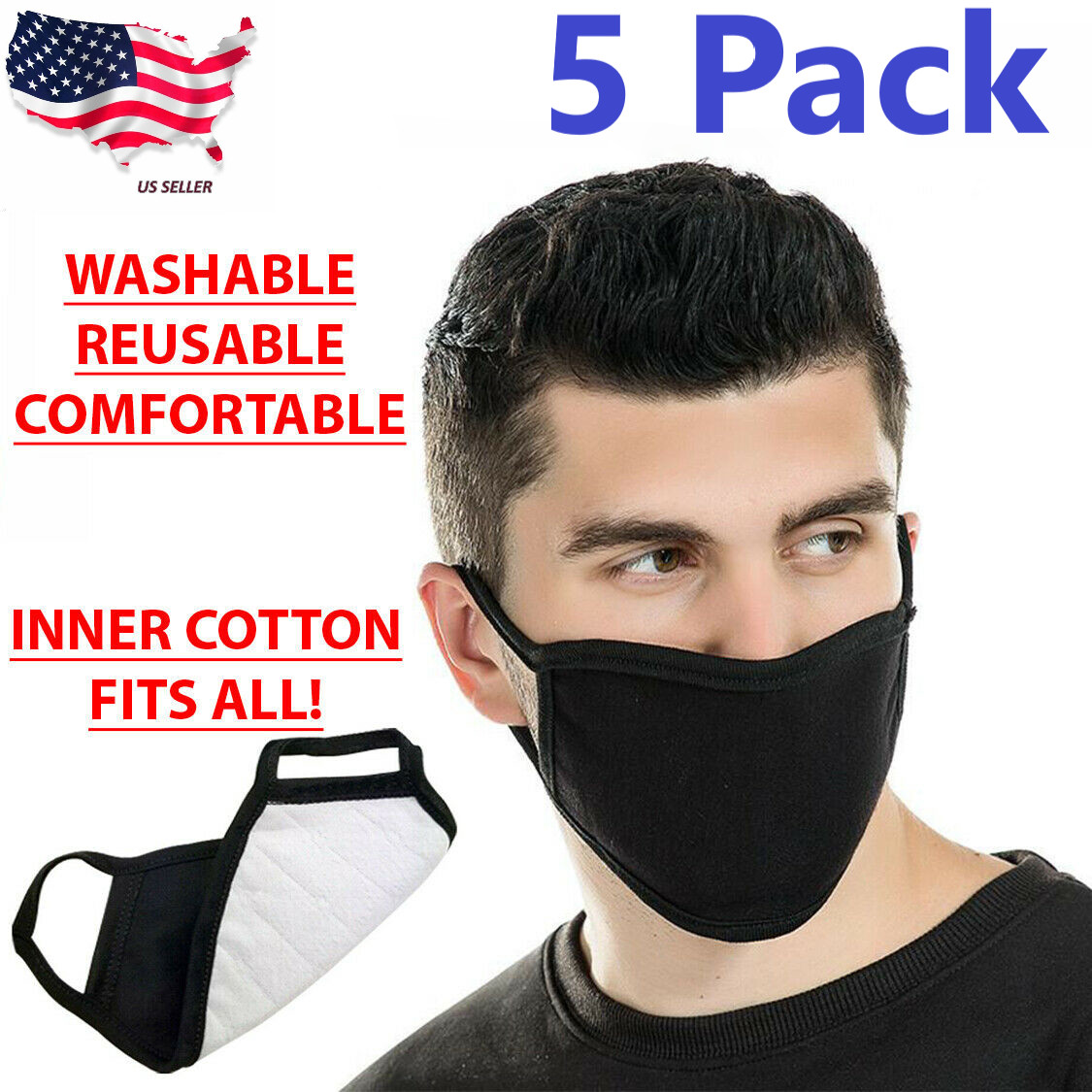 [5-Pack] Black Face Fashion Mask Washable Reusable Unisex Adult MASK US SELLER