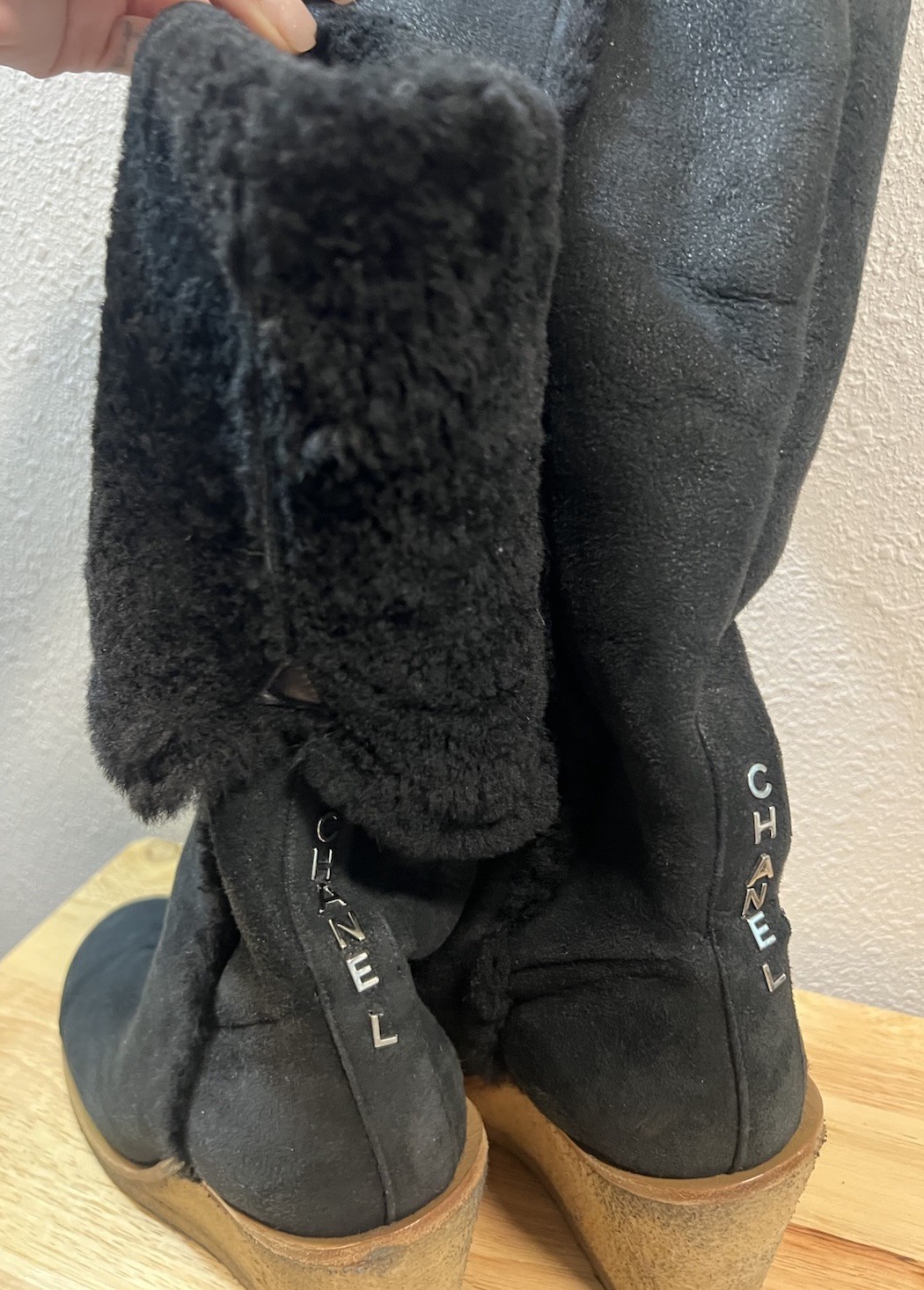 Chanel Boots 40 Wedge Knee High Suede Sherpa Fur Lined Biker Moto Spellout Logos