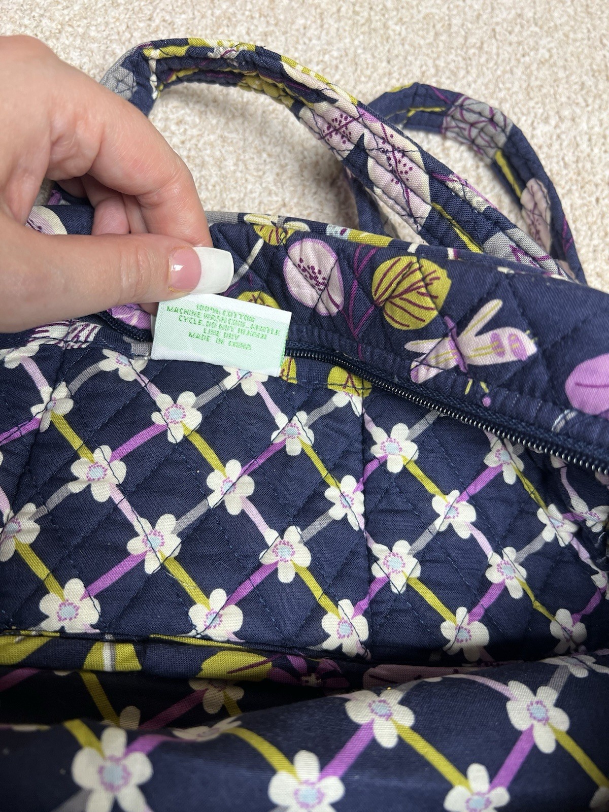 Vera Bradley Navy Floral Shoulder Bag Purse Zip Closure Bag Charm Inner Pockets
