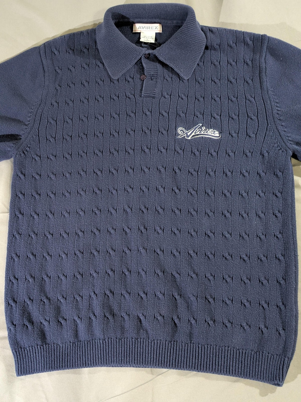 Vintage Avirex Sweater Mens Lg Blue Cable Knit Short Sleeve Collared Script Golf