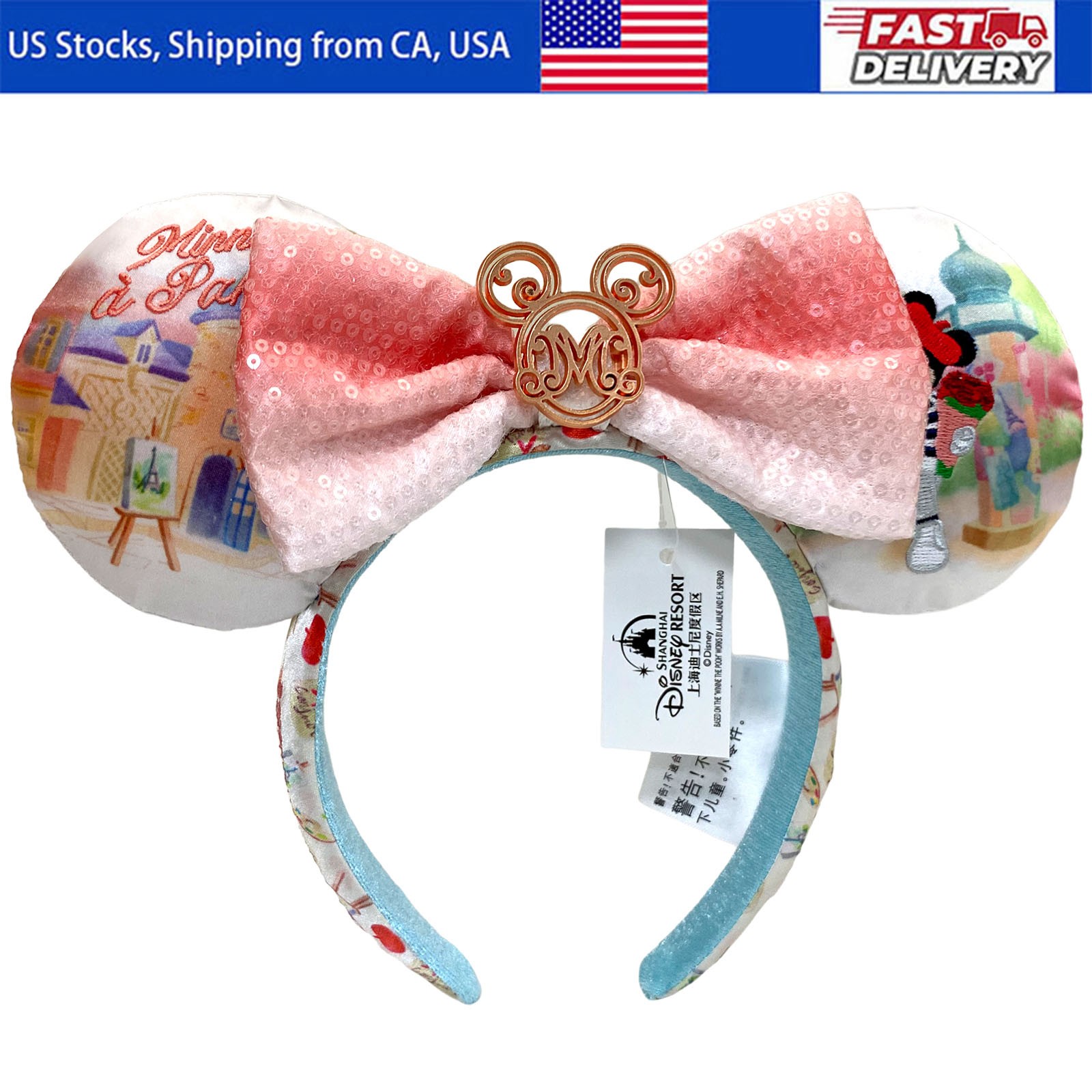 Disney-Park’s Epcot France Paris Minnie Mickey Mouse Ears Bow Headband Rose US
