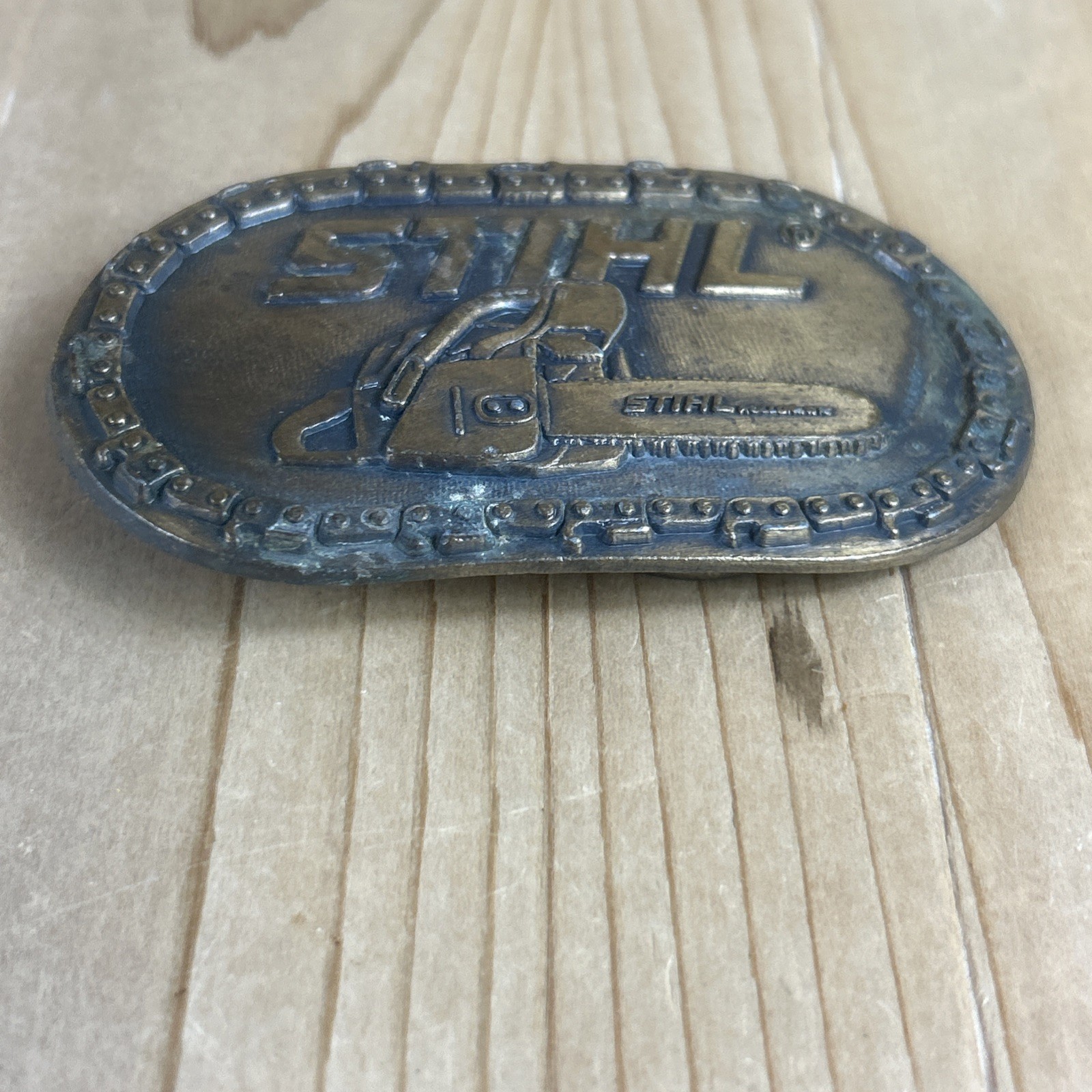 STIHL Chainsaw Belt Buckle Brass Chain Border Vintage 1980s