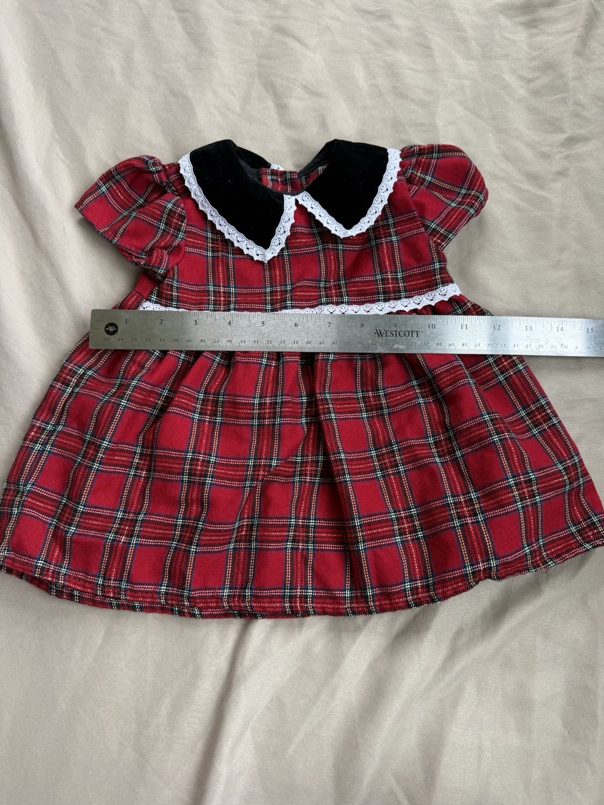 Youngland Toddler Red Plaid A-Line Dress Peter Pan Collar Lace Puff Sleeves