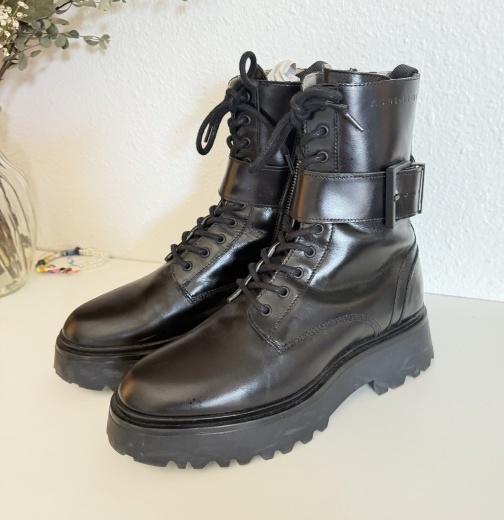ALLSAINTS Onyx Black Leather Combat Boots Lace-Up Side Zip Buckle US 8 EU 38
