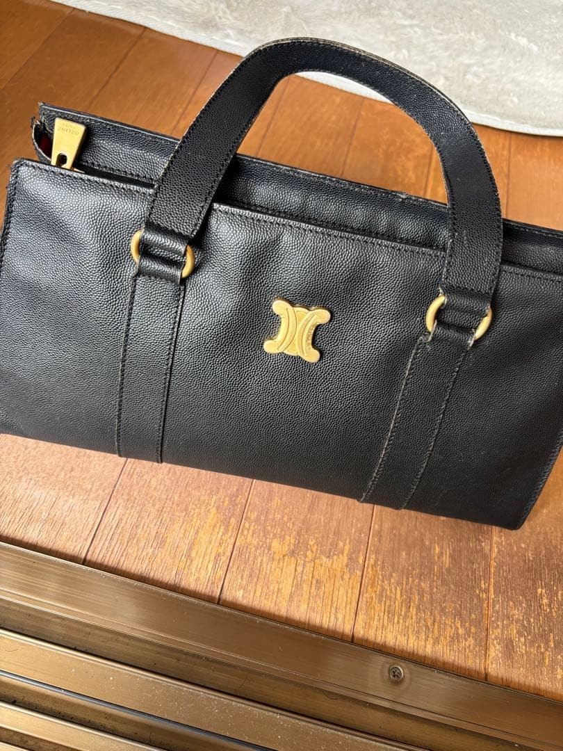Celine Black Leather Handbag Vintage Gold Hardware Red Lining Auth