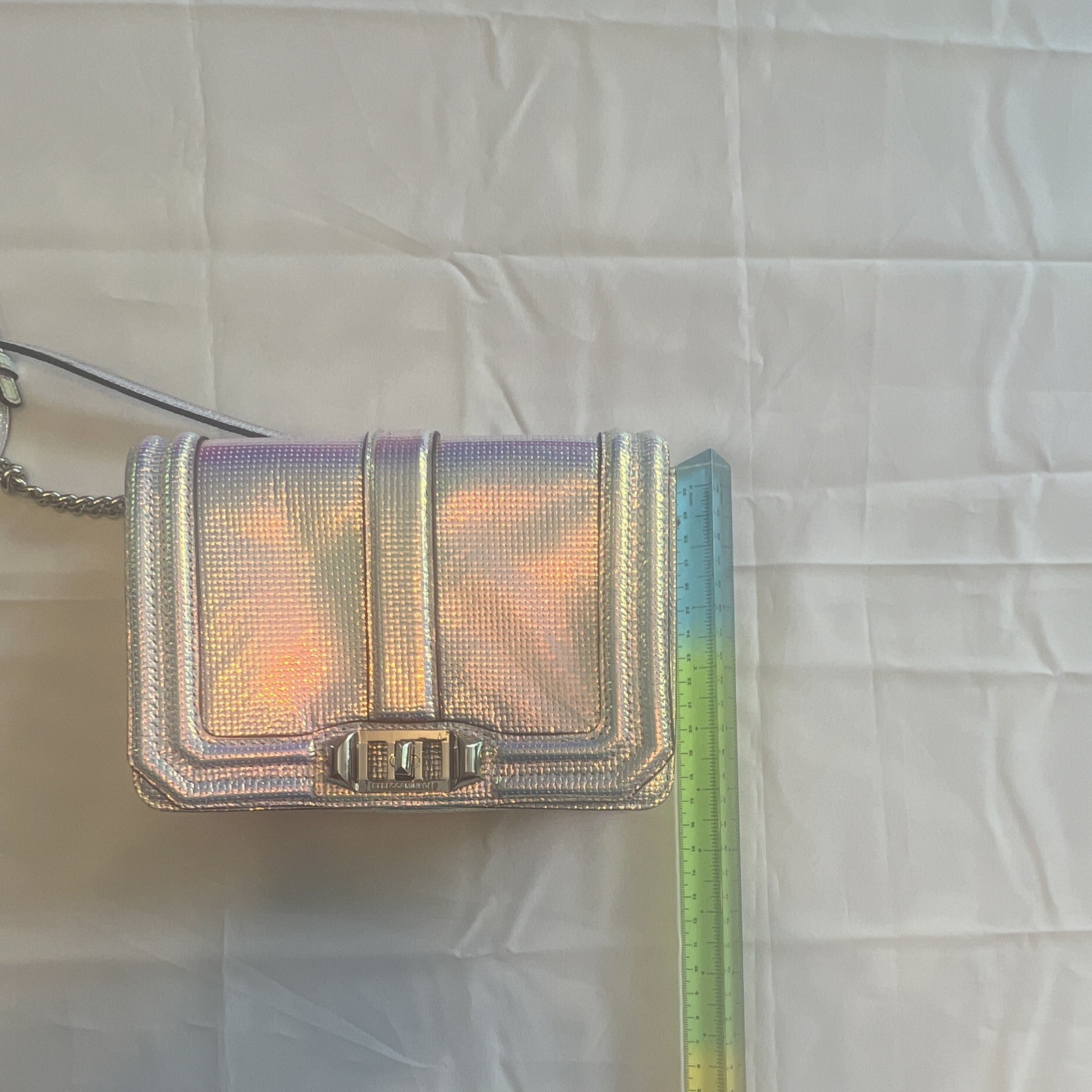 Rebecca Minkoff Iridescent Silver Crossbody Bag Turn Lock Chain Strap Detach