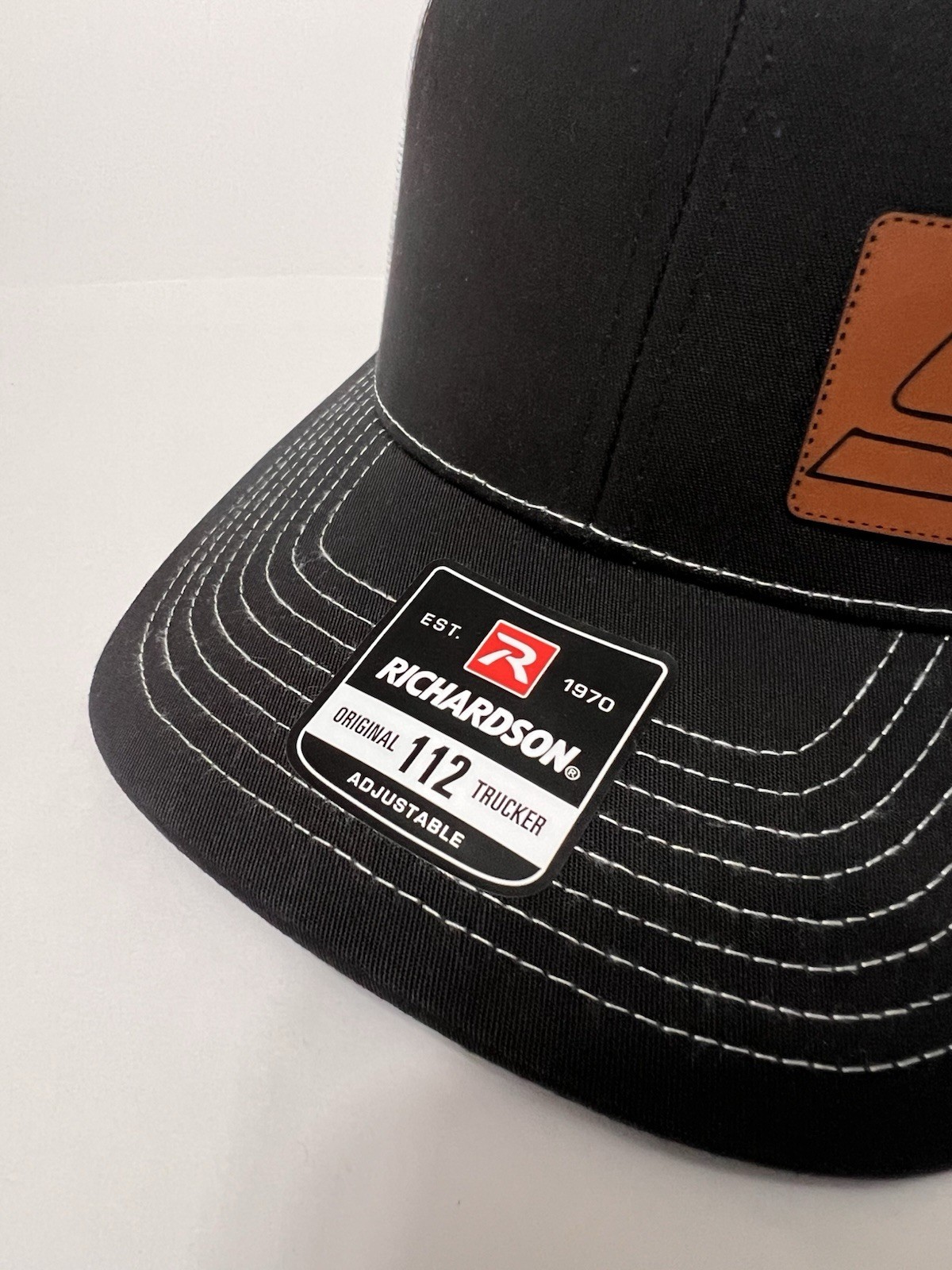 Snap-On Richardson 112 Mesh Back Trucker Hat Brown Leather Patch Black/White NWT