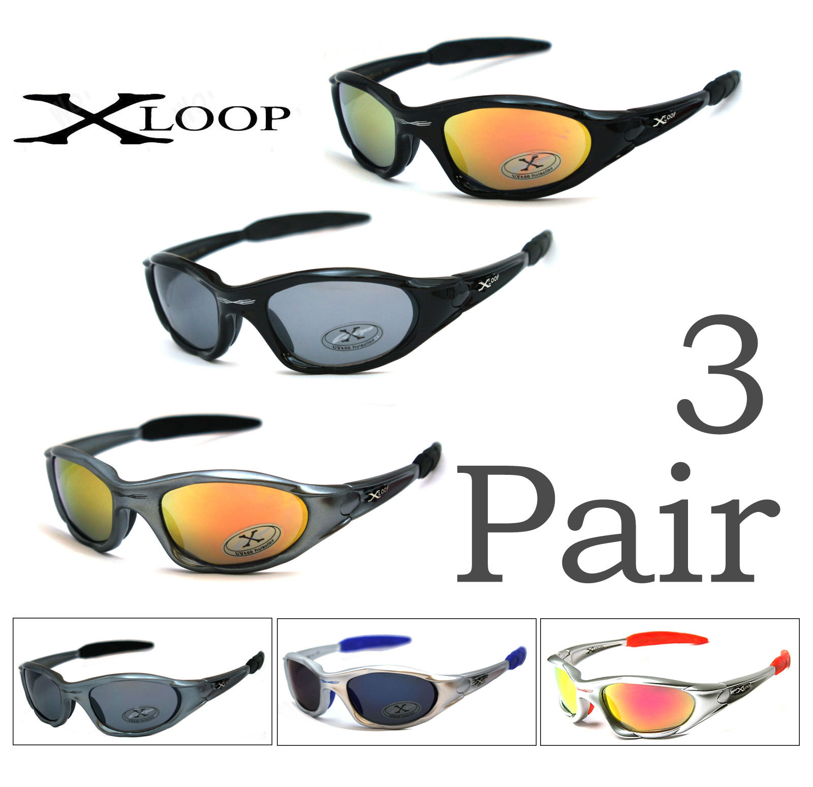 3 Pairs X-Loop Mens Sport Cycling Fishing Golfing Running Wrap Around Sunglasses