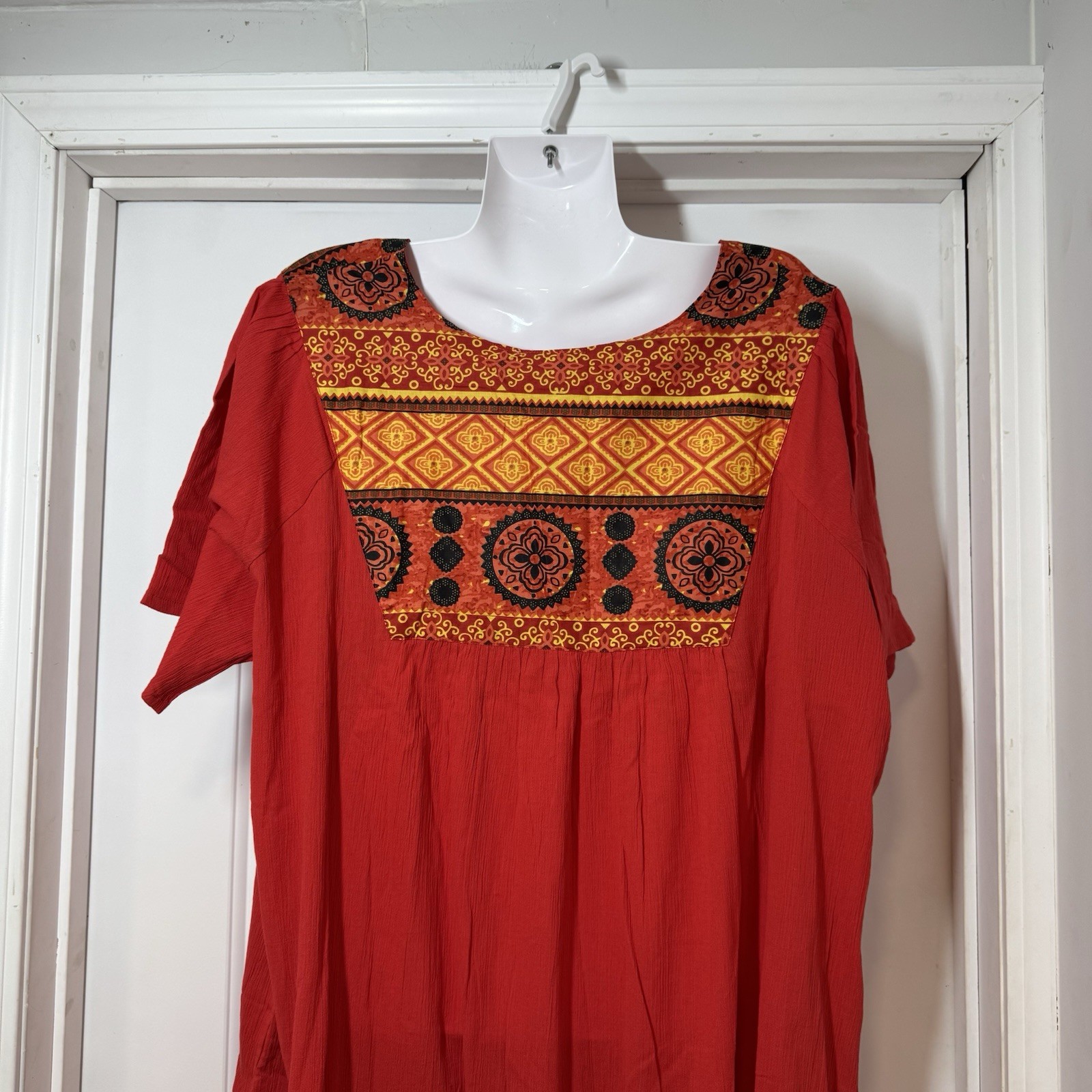 NWT National House Patio Dress Red Santa Fe 2X Crinkle Muumu Pullover Artsy Boho