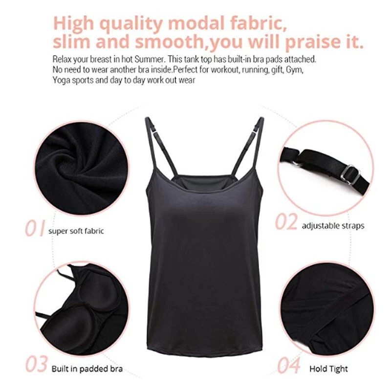 Women Camisole with Built in Shelf & Padded Bra Adjustable Strap Basic Tank Tops