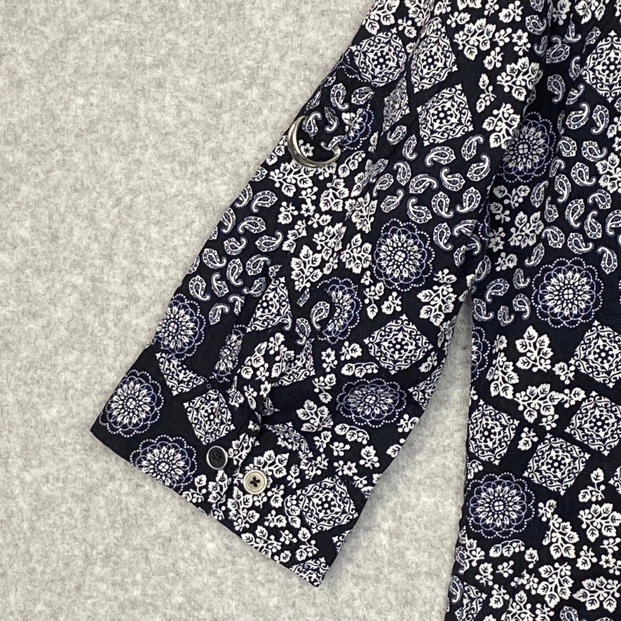 Karen Scott Top Womens Medium Navy Paisley Roll Tab Sleeve Button Up Shirt Boho