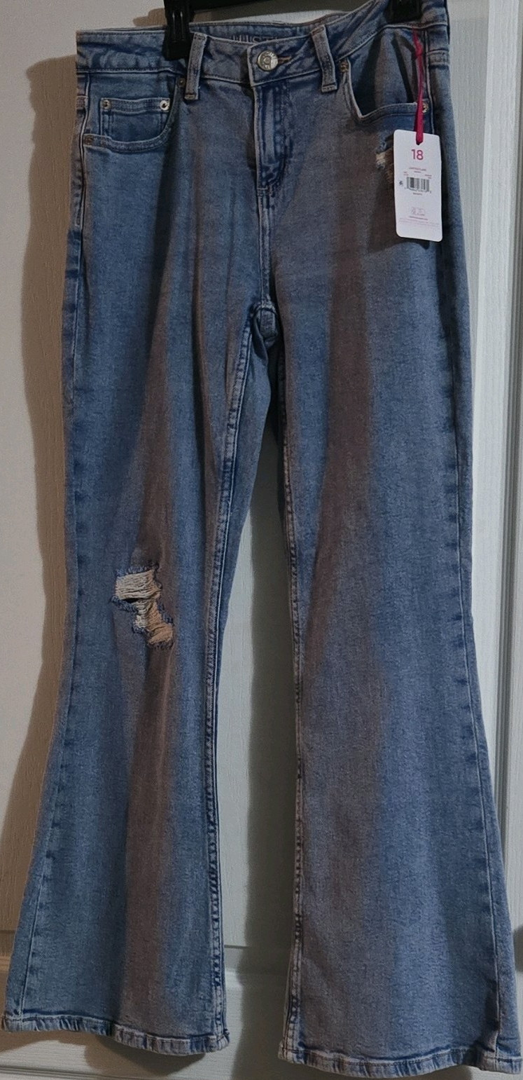 Justice Girls Flared Denim Jeans Size 18 Blue Medium Wash Distressed Pockets