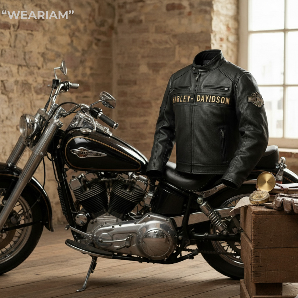 Harley Men’s Black Biker Jacket – Real Cowhide Leather Motorcycle Jacket