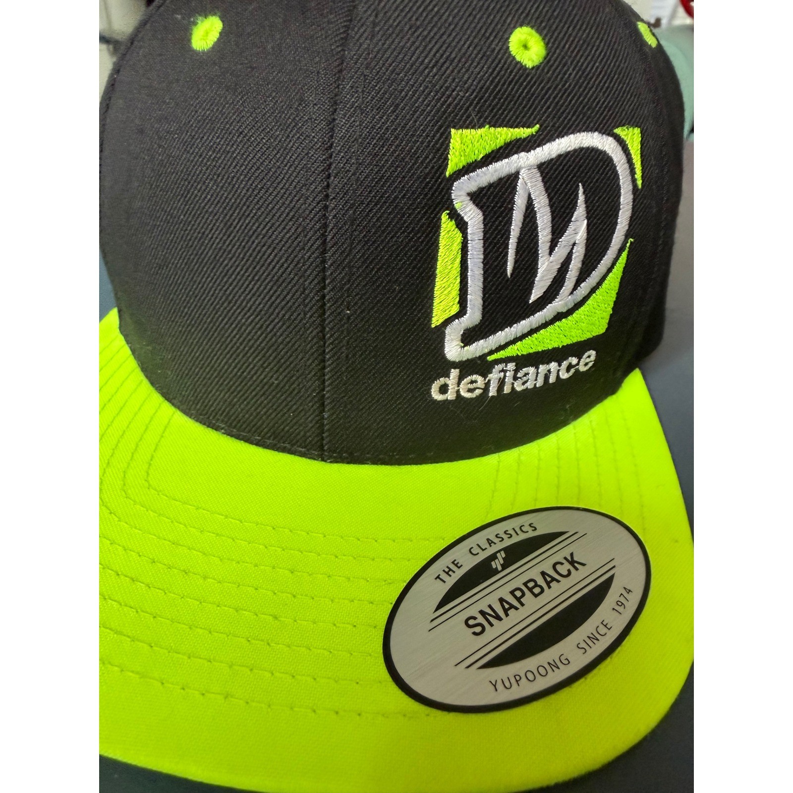 Yupoong The Classics Defiance Snapback Hat Black Neon Lime Green Flat Bill Cap