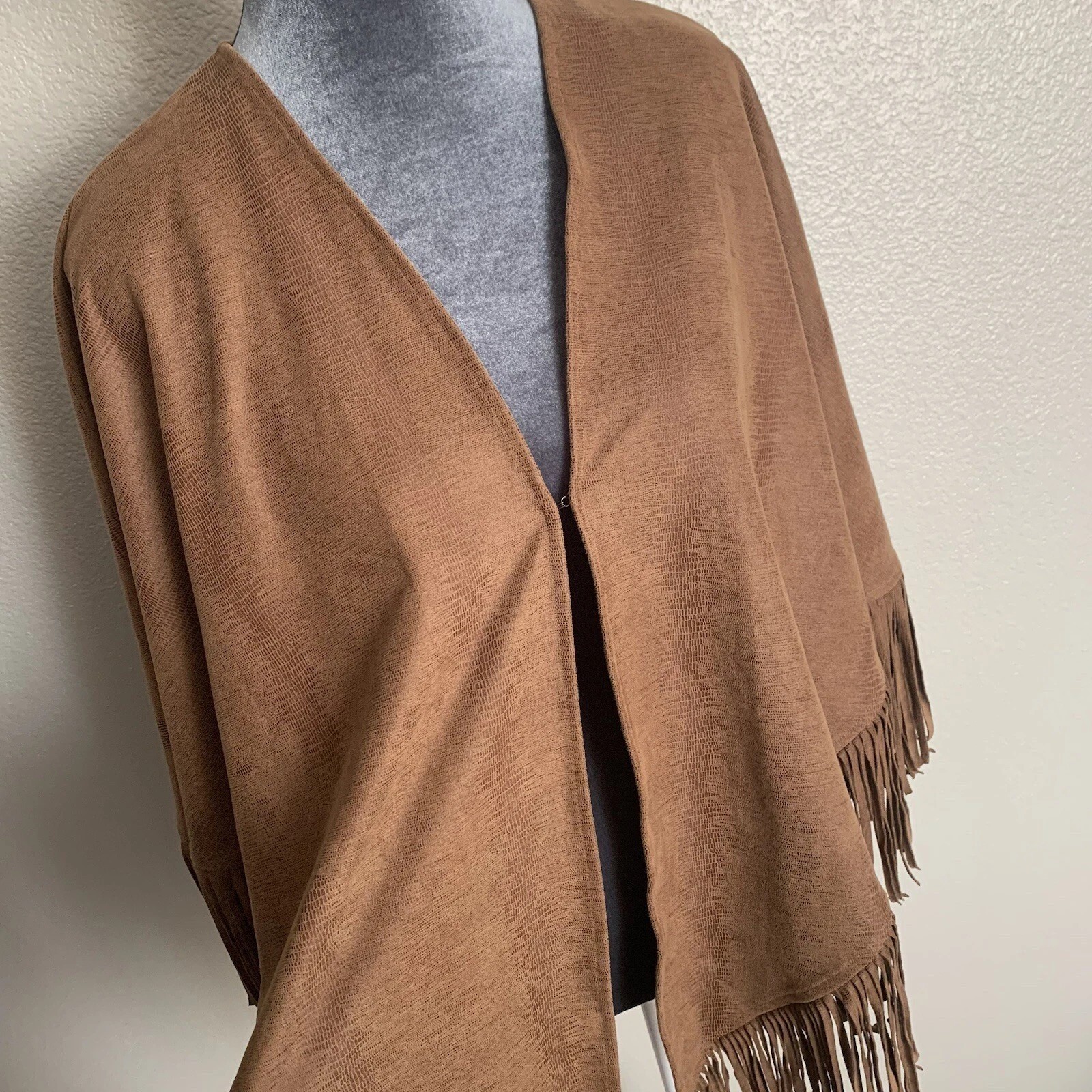 Chico’s Brown Fringe Poncho Shawl One Size Western Boho Faux Suede Wrap