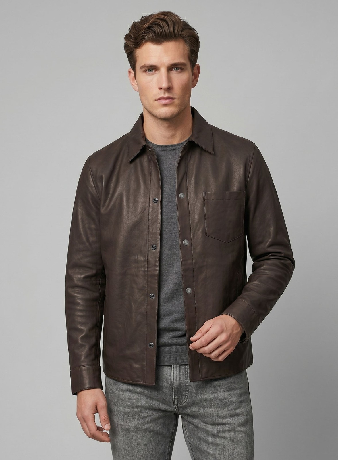 Mens Dark Blue Suede Leather Shirt Jacket Casual Shacket Slim Fit Overshirt New