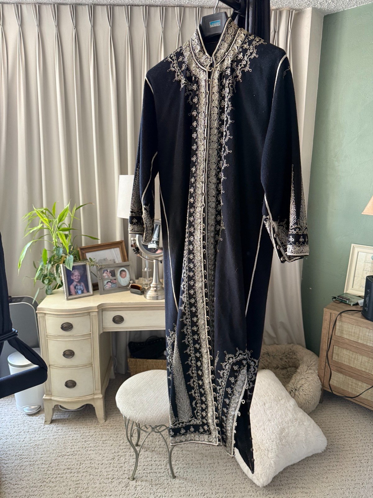 Vintage Handmade Black Wool Caftan Hand Embroidered Artisan Ceremonial Robe Maxi