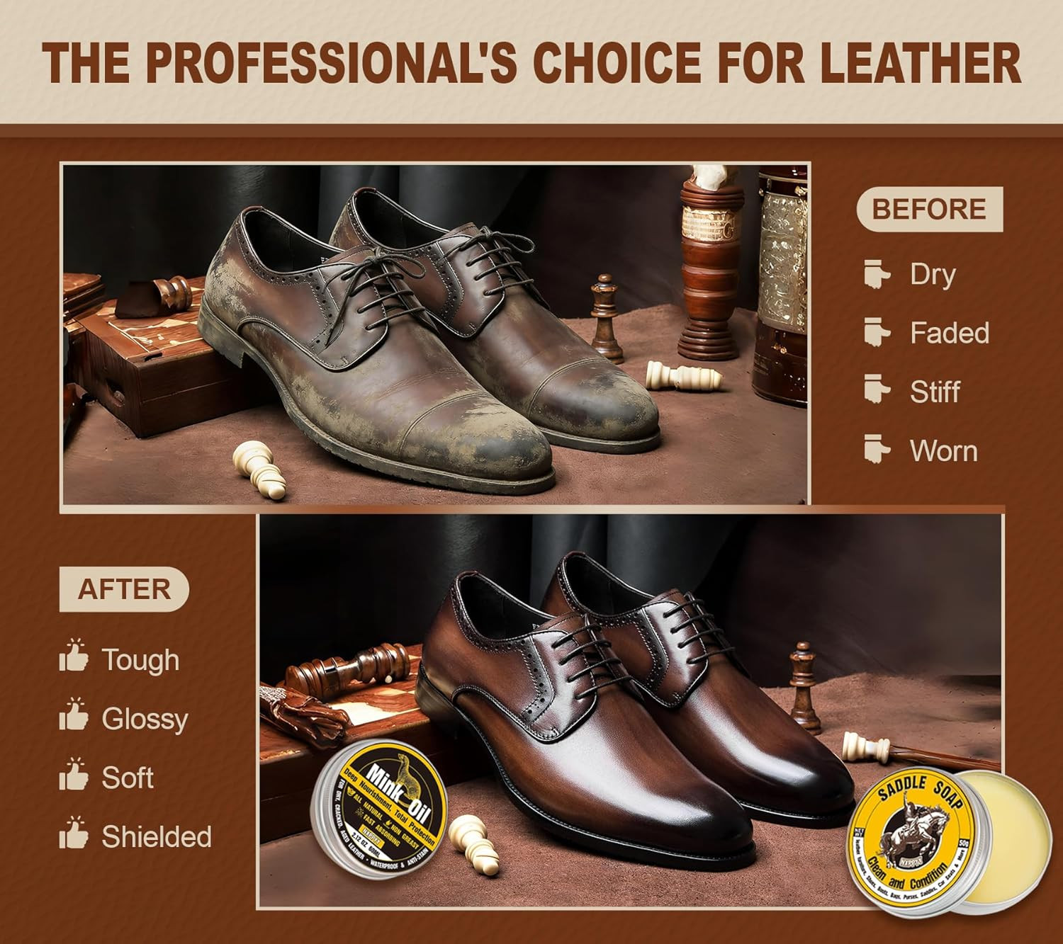 Leather Boot Care Kit 6 in 1 Mink Oil Saddle Soap Shoe Cleaner Conditioner