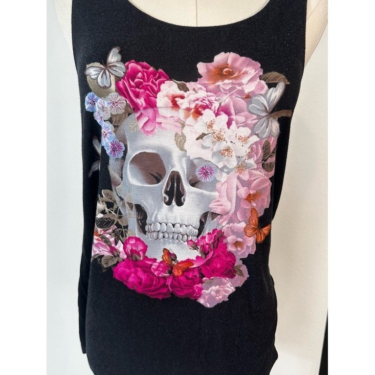 Black Y2K Grunge Emo Floral Skull Print Graphic Tank Top Size 6