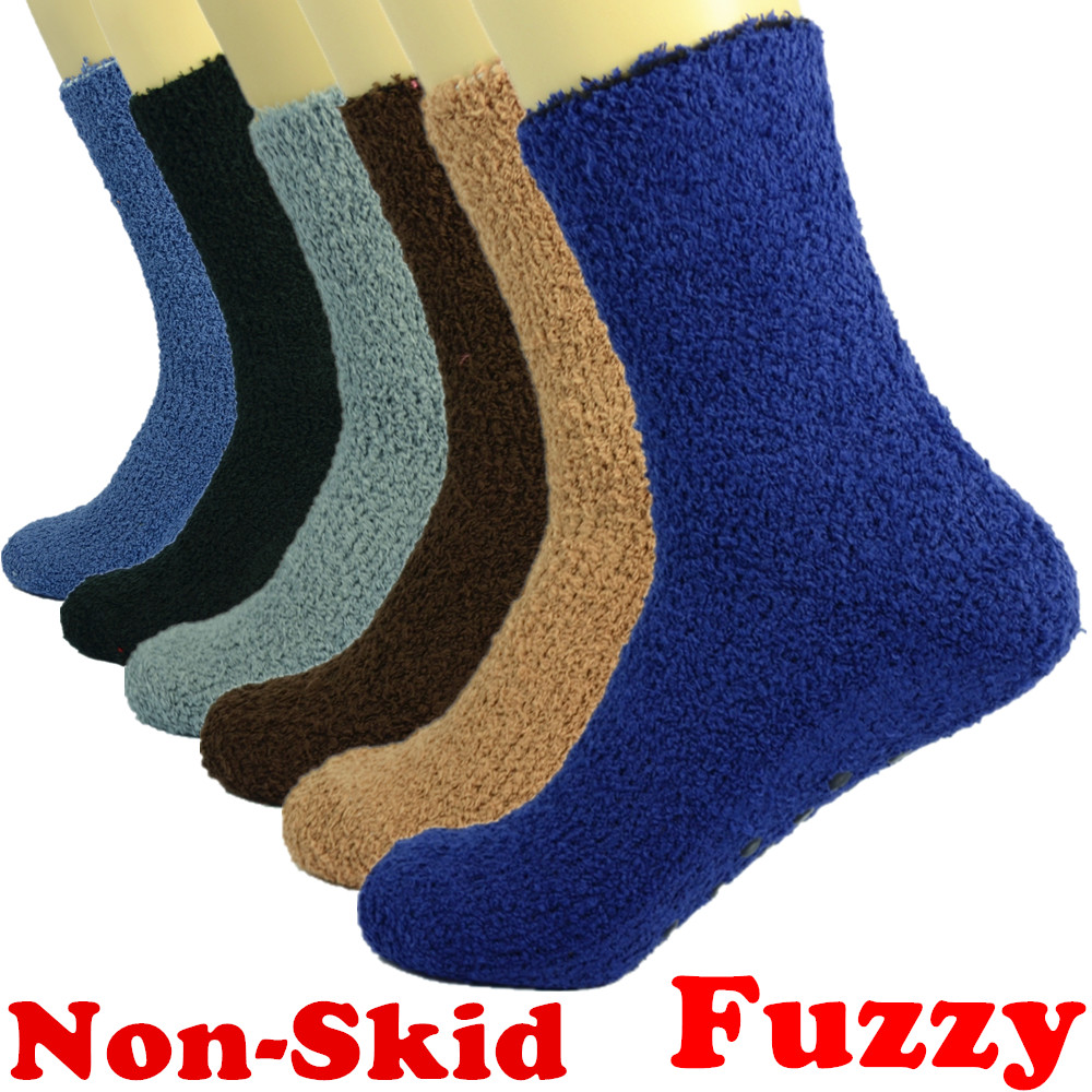 6 Pairs Men Soft Cozy Fuzzy Socks Non-Skid Plain Solid Winter Home Slipper 10-13