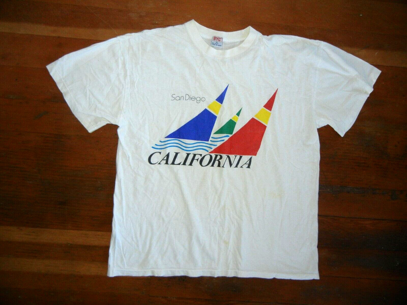 Vtg 90s SAN DIEGO CALIFORNIA White SAILING T-SHIRT Sail-Boat Surf Beach Men’s L
