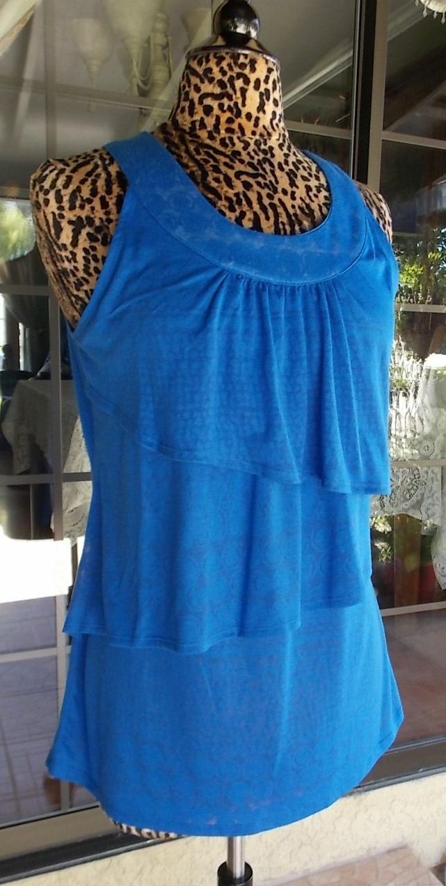 Faded Glory Layered Ruffles Blue Burn Out Shirt Sz. S 38″ Bust
