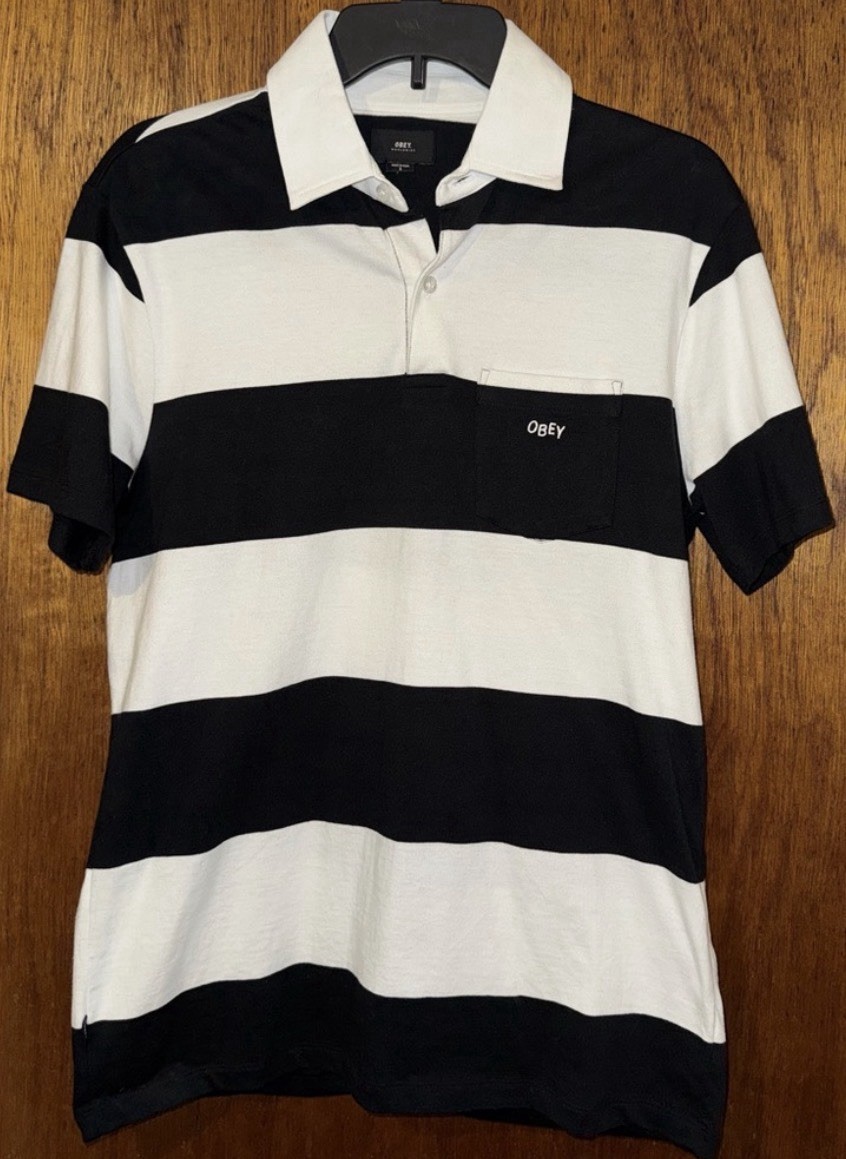 OBEY Men’s Black/White Striped Cotton Polo Shirt Short Sleeve Pocket Size S