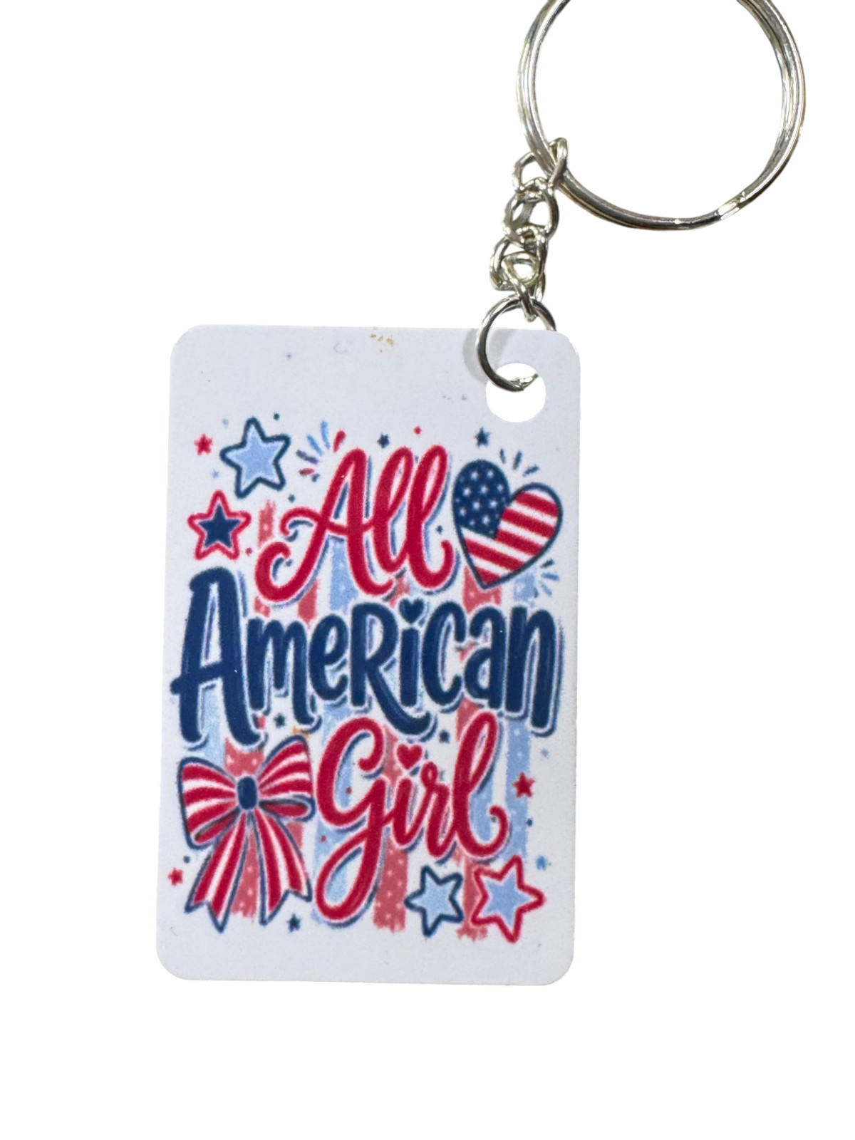 All American Girl Patriotic Metal Keychain, Red White and Blue USA Flag Design