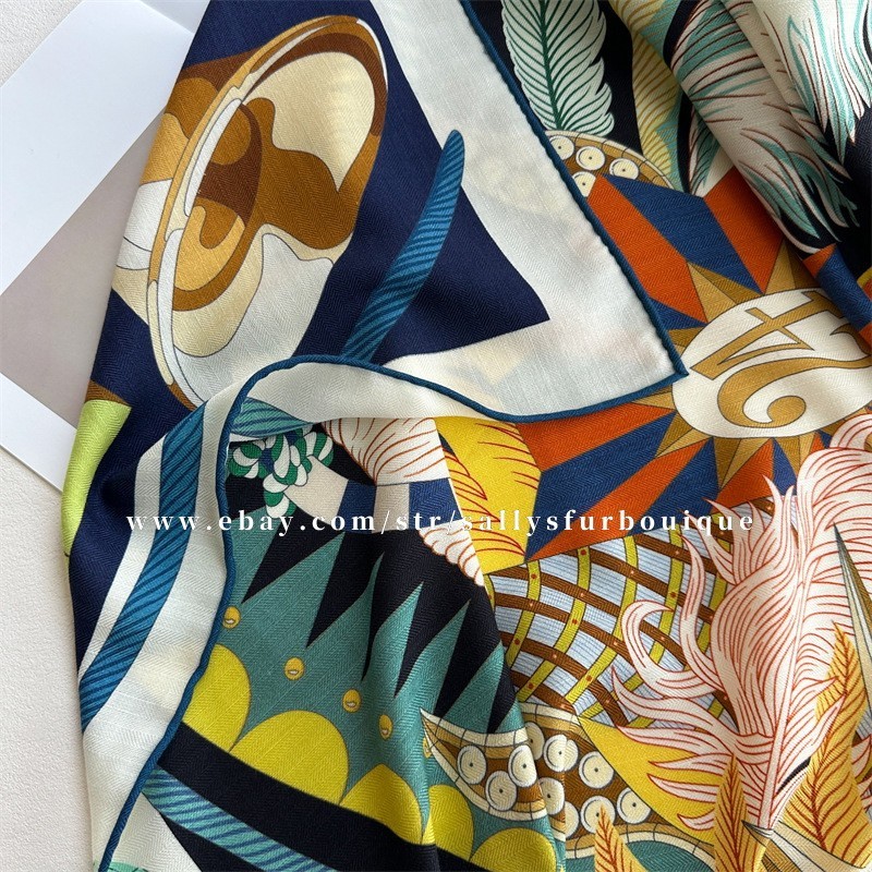 Sallys 70% Cashmere 30% Silk Wrap Scarf Feather Print Double Face Shawl 53″ Navy