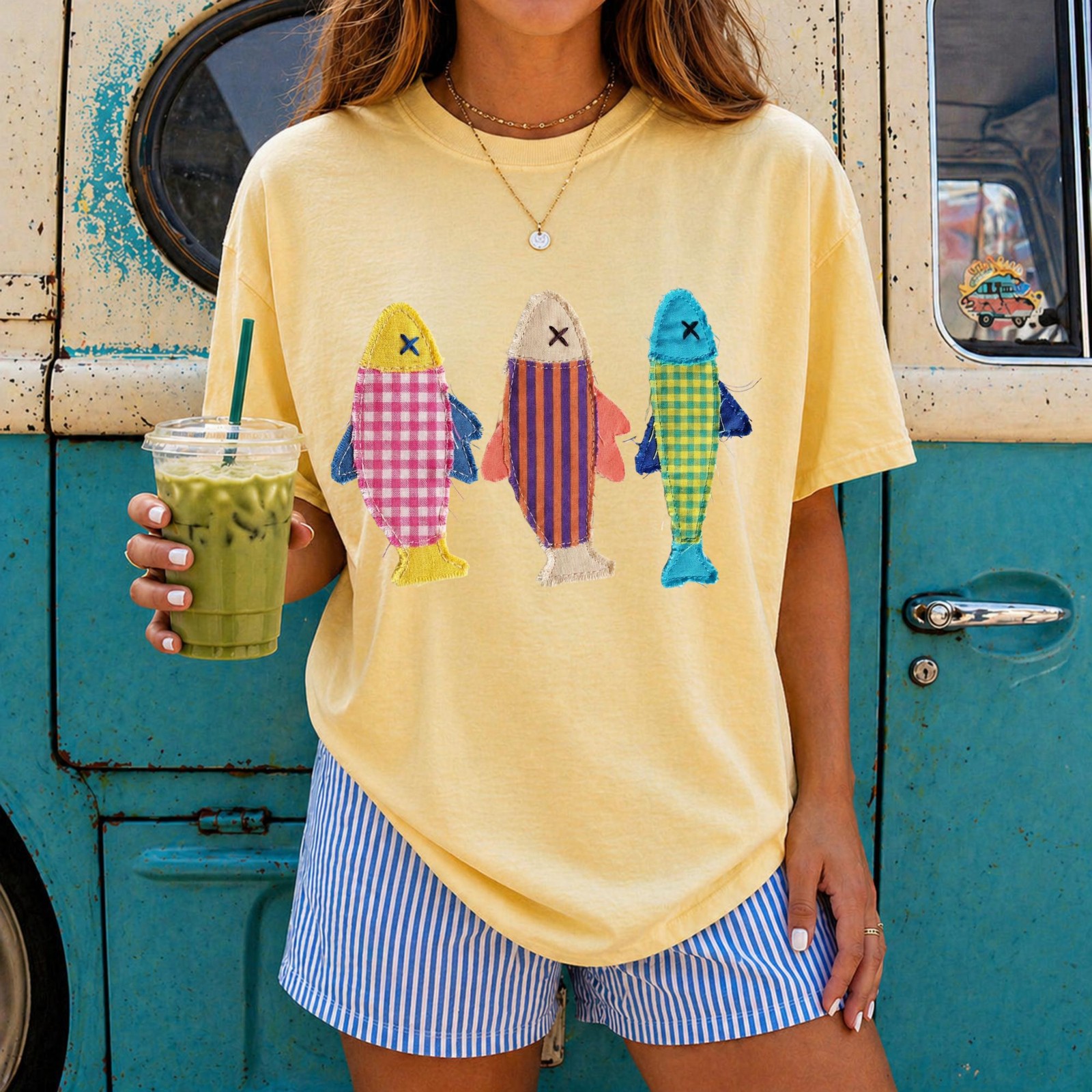 Summer Fish Graphic Tee, Printed Patchwork Sardine Beach Shirt Unisex
