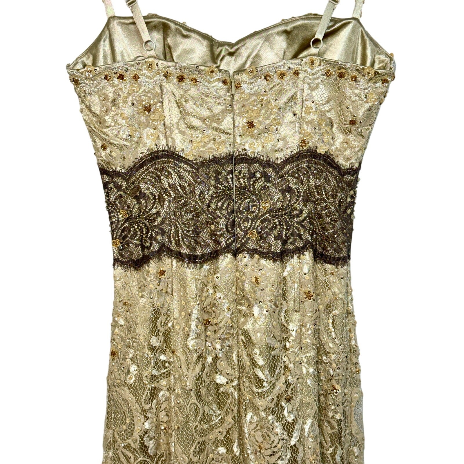 NWT Mandalay Champagne Gold Lace Beaded Sequin Long Mermaid Evening Gown Size 8