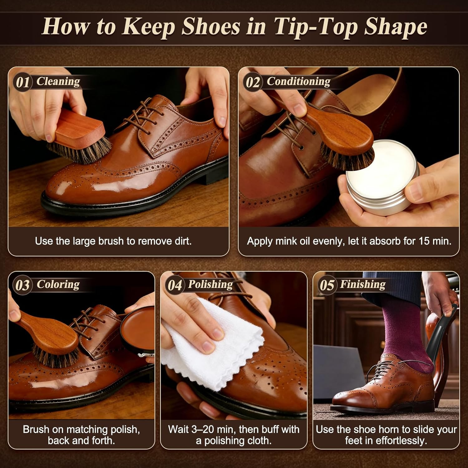Shoe Care Kit 16 Pc Shoe Shine Kit Leather Polish Mink Oil Brush Cleaning Set
