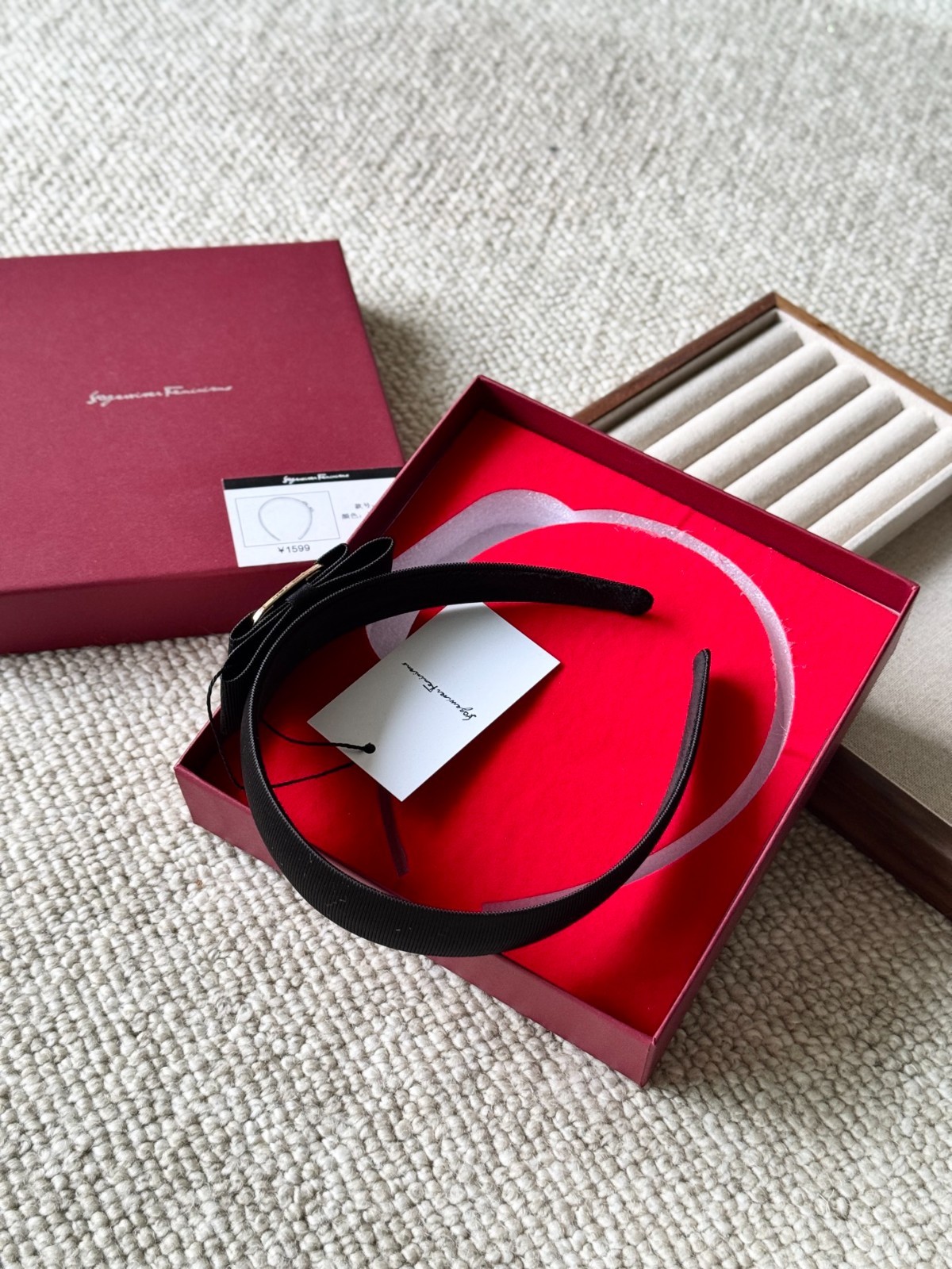 Salvatore Ferragamo Vara Bow Headband Black Grosgrain Gold Hardware Authentic