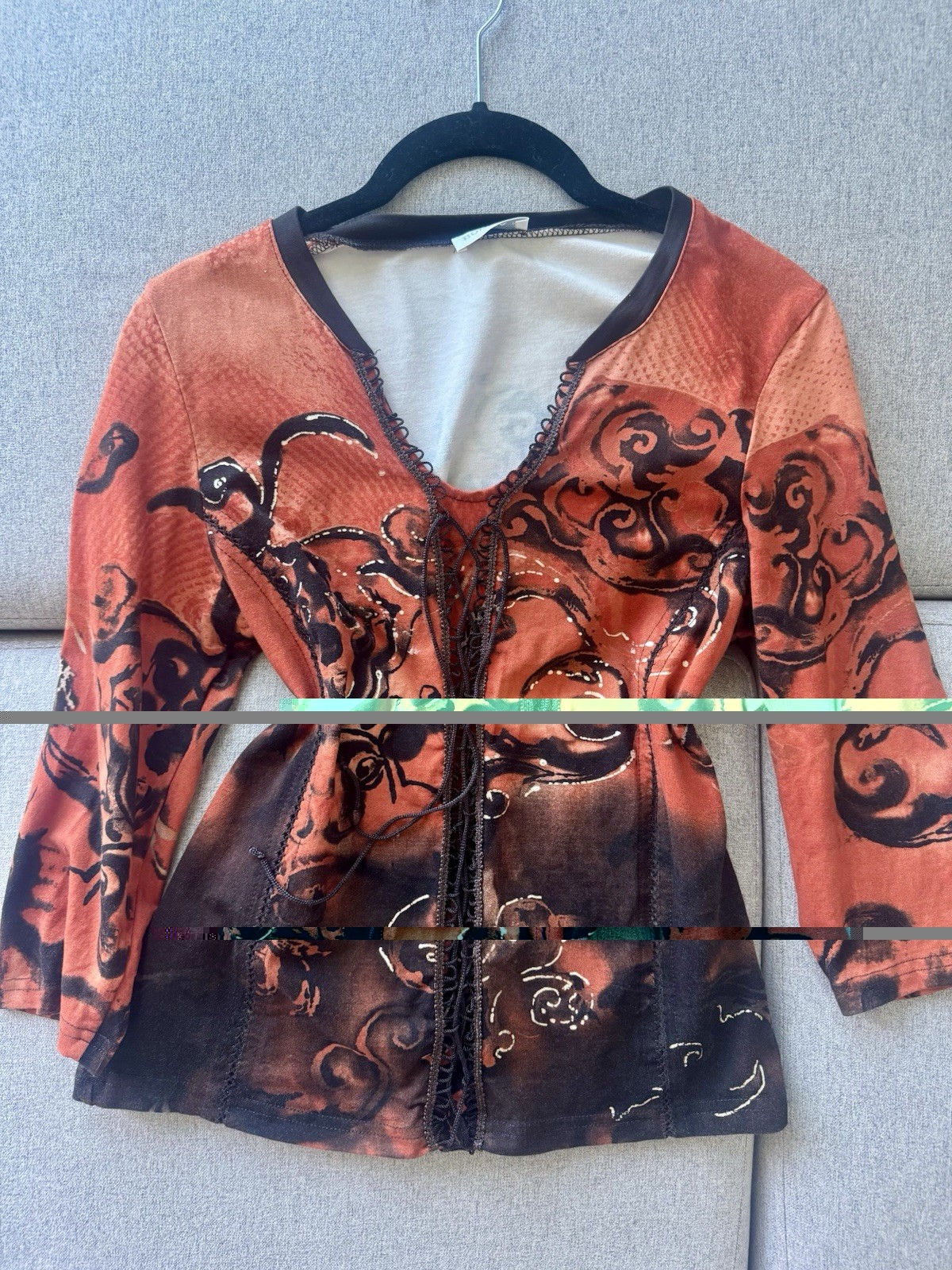 Maternity Women’s M Abstract Orange Brown Black V-Neck Lace-Up 3/4