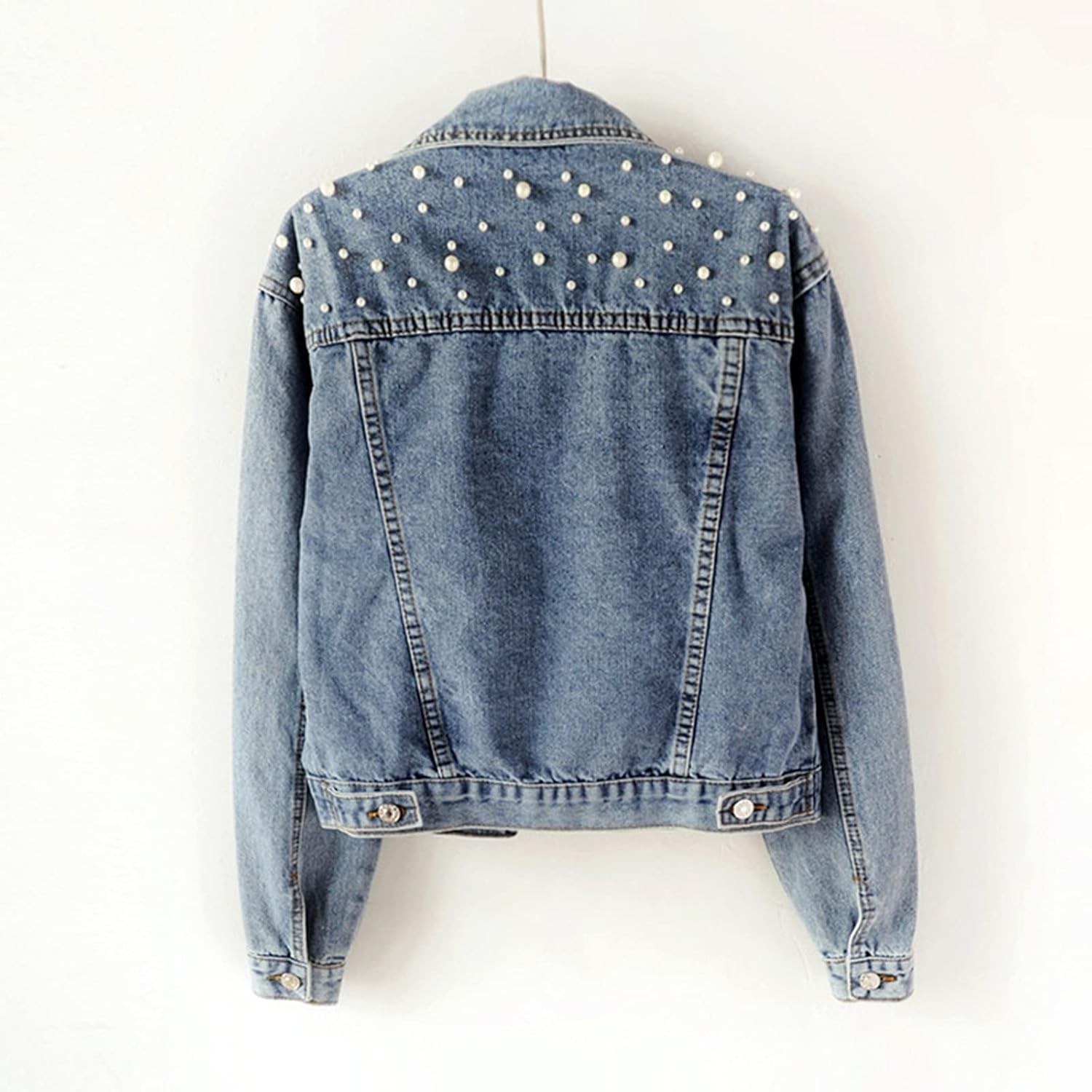 Oversize Pearl Embroidered Ripped Distressed Women Denim Jacket Casual Long Slee