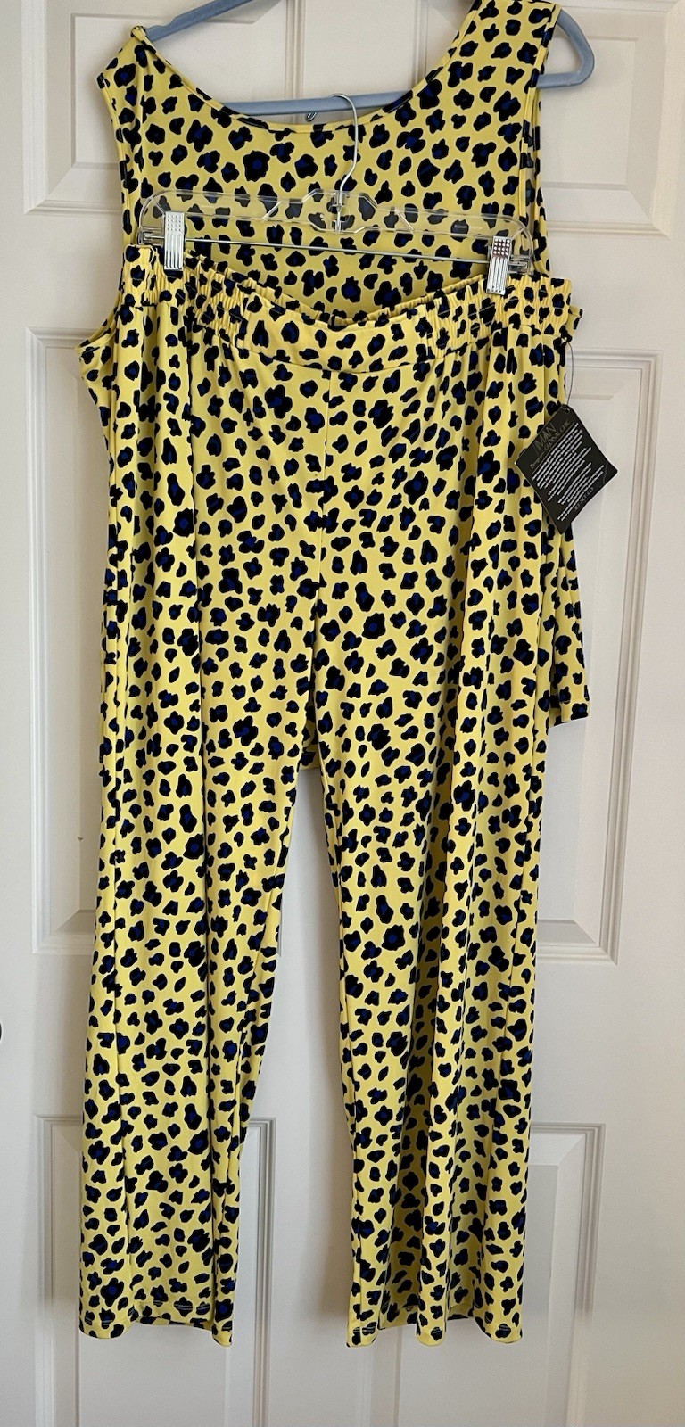 IMAN Global Chic Women’s 1X 2pc Yellow Leopard Knit Stretch Tank Wide-Leg Pants