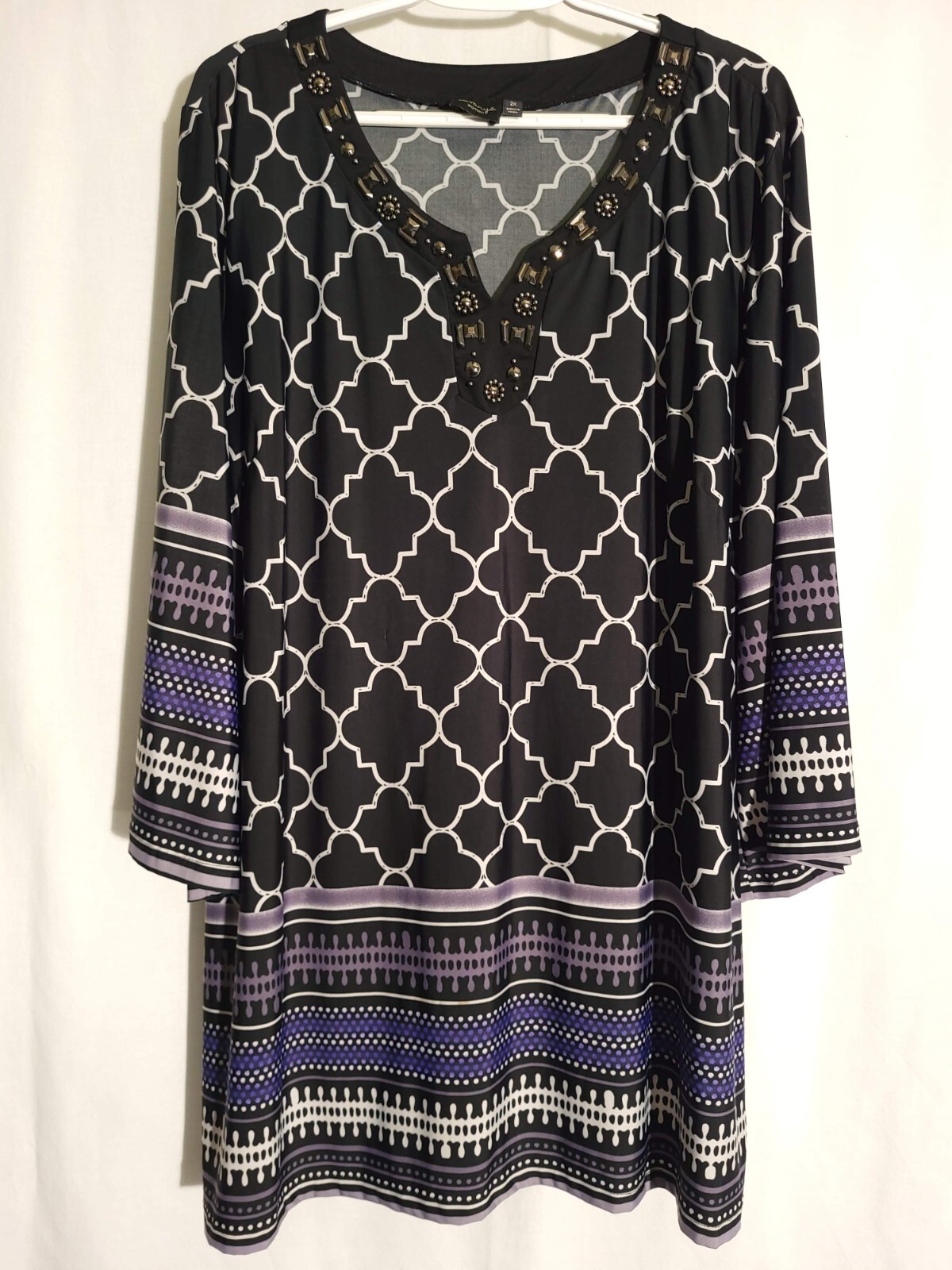 Lavanya-Black White Purple Striped Geo Embellished Long Sleeve Vneck Tunic-2X