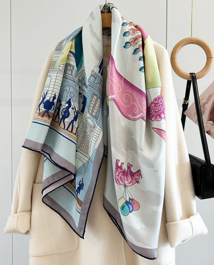 70% Cashmere 30% Silk Wrap Scarf Horse Print Double Face Print Shawl 135X135cm